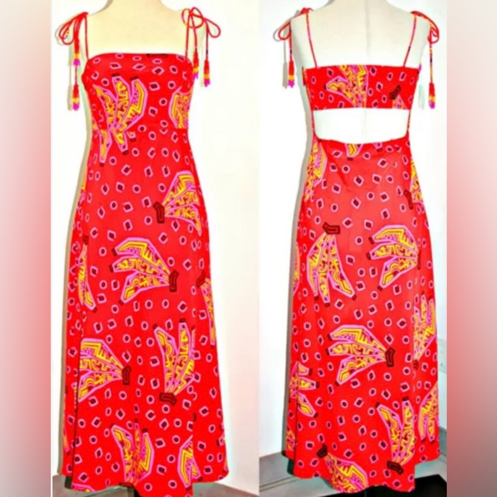 NWOT House of Harlow 1960 Red Banana Midi Dress Spaghetti Tie Strap Beaded - Picture 5 of 5